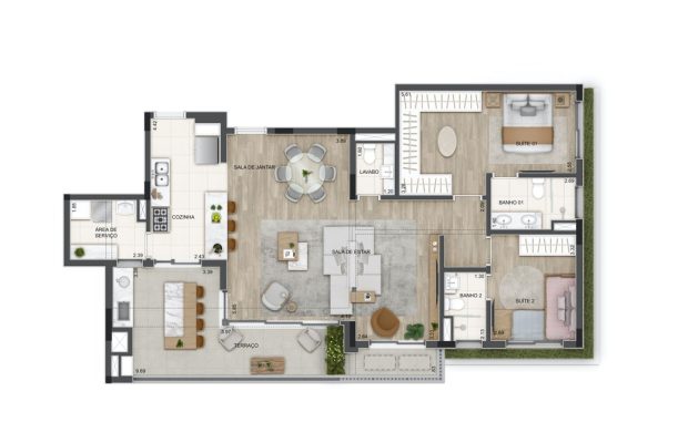 Tipo 125 m² 2 suítes